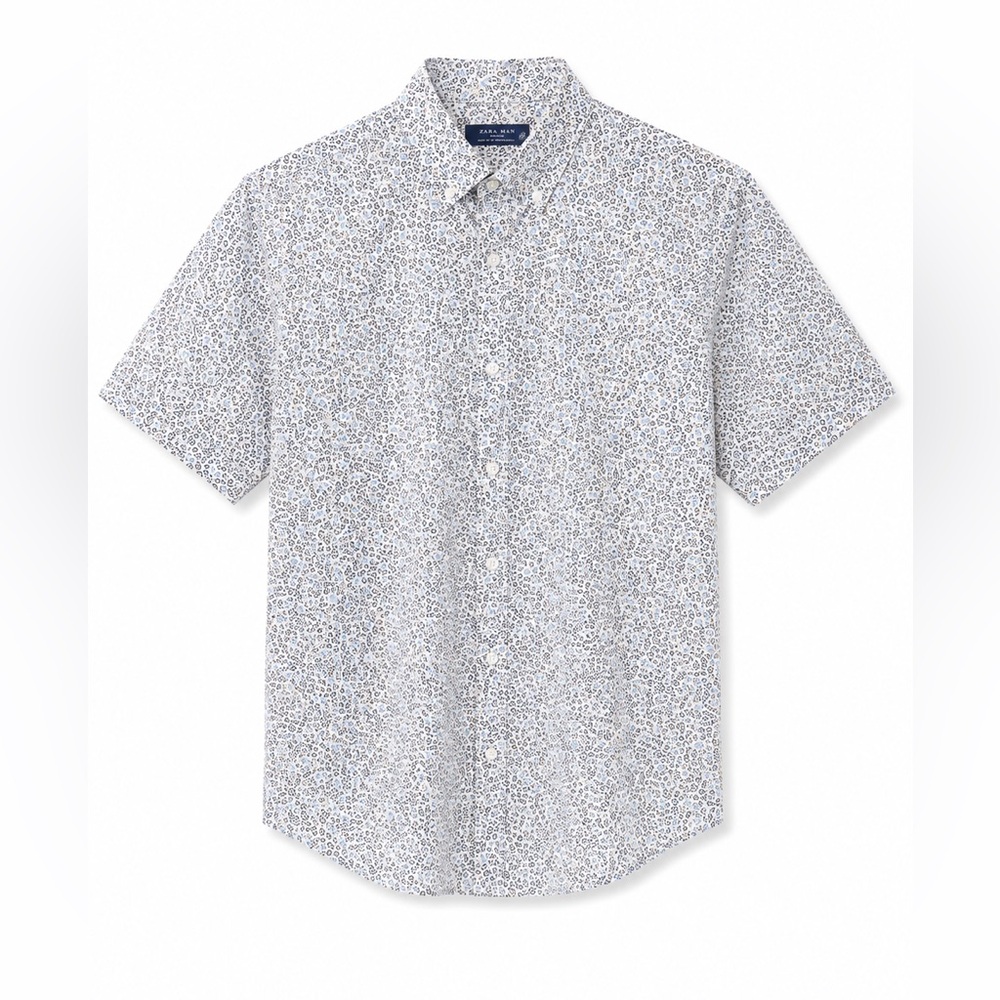 Zara-Slim Fit Short-Sleeve Button-Down Shirt - White & Light Blue Floral